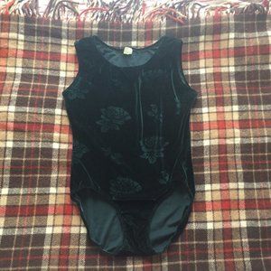 Green velvet leotard/bodysuit with rose design